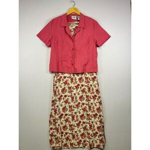 Vintage Studio Ease Women 14 Pink Floral 2-Piece Linen Blend Maxi Dress Set